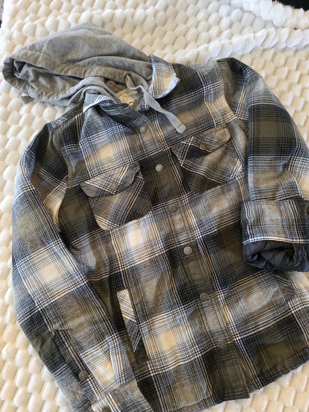 Natural Reflections Gray Hooded Sherpa-Lined Jacket with Plaid Trim